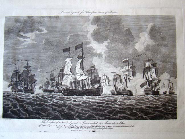A fine 18th century engraving entitled "The Defeat of a French Squadron off Cape Lagos 18 August 1759."